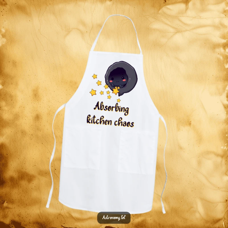 Funny black hole character playfully sucking in tiny stars on a kitchen apron, a humorous cooking accessory.