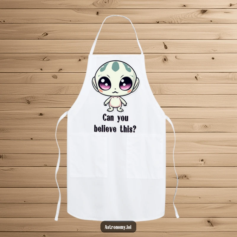Funny apron with a graphic of a surprised alien with large, wide eyes, perfect for kitchen fun with an extraterrestrial theme.