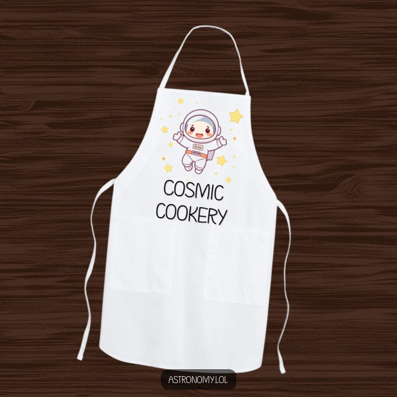 Funny astronaut apron showing a cute character joyfully floating in stars, perfect for kitchen fun and a humorous gift.