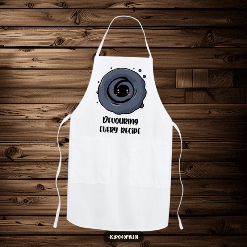 Funny Black Hole Apron featuring a curious character and swirling vortex, protecting chefs with cosmic humor during culinary endeavors.