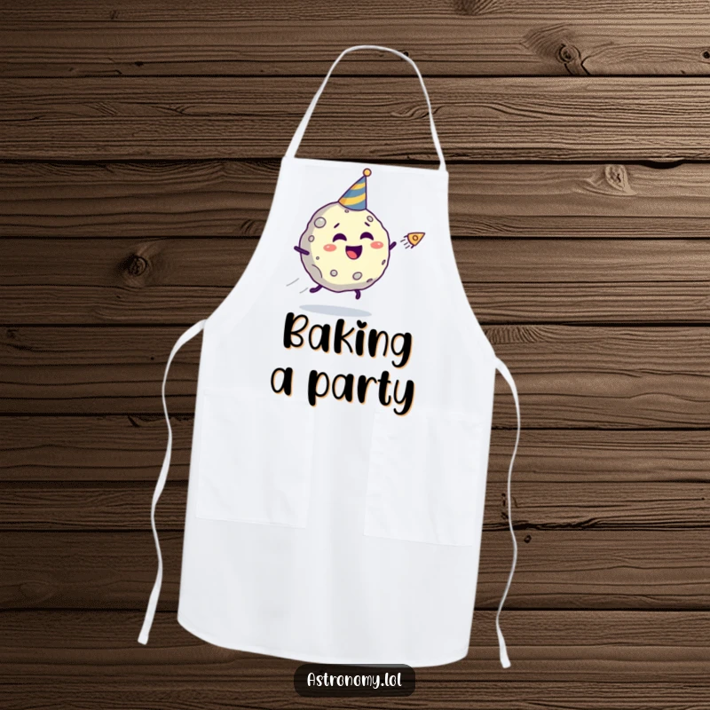 Funny asteroid apron depicting a giggling character in a party hat being chased by a comet, adding humor to the kitchen.
