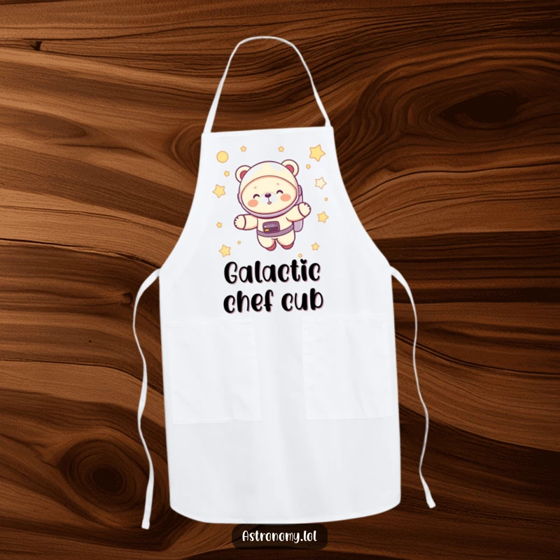 Funny astronaut bear cub giggling in a spacesuit, floating among stars, a humorous apron for kitchen adventures.