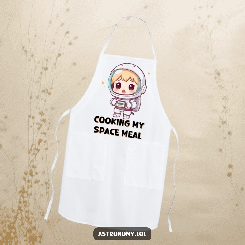 Funny astronaut apron showing a surprised spaceman wearing a colander as a helmet, bringing humor to the kitchen while cooking.