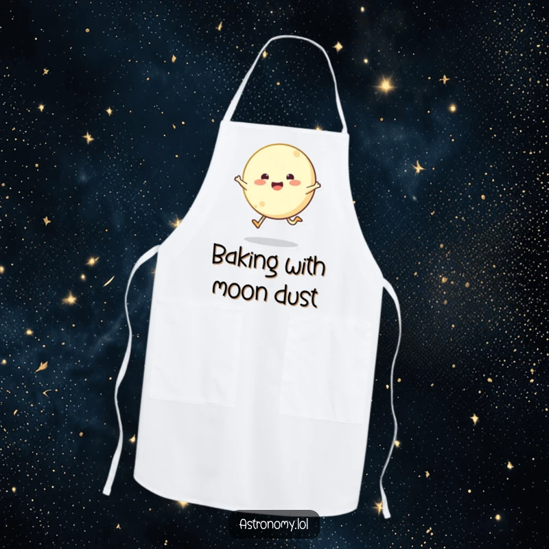 Bouncing moon character joyfully skipping across the sky on a kitchen apron, a cheerful and practical accessory.