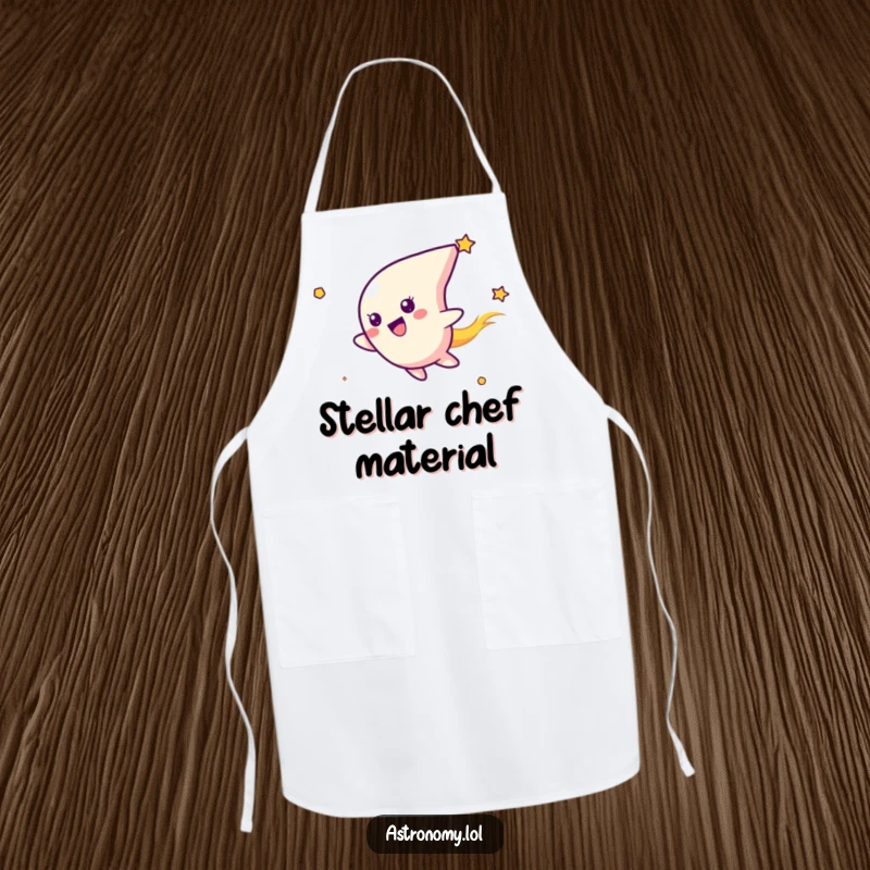 Funny apron featuring a happy comet character streaking through space, providing a humorous and protective layer for kitchen or crafting activities.