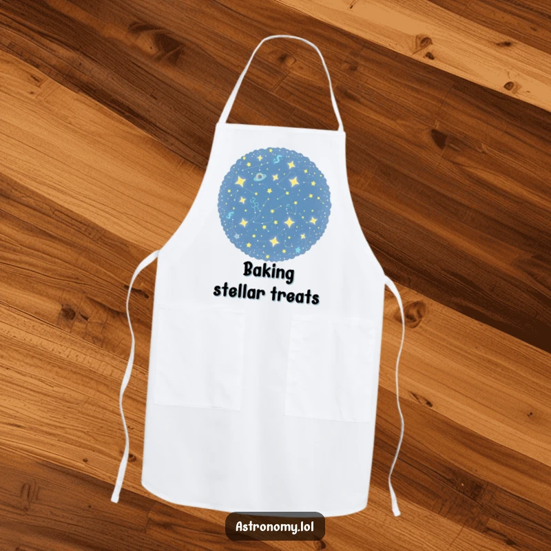 Funny apron featuring a curious constellation cluster playfully twinkling, designed for kitchen use with a touch of cosmic humor.