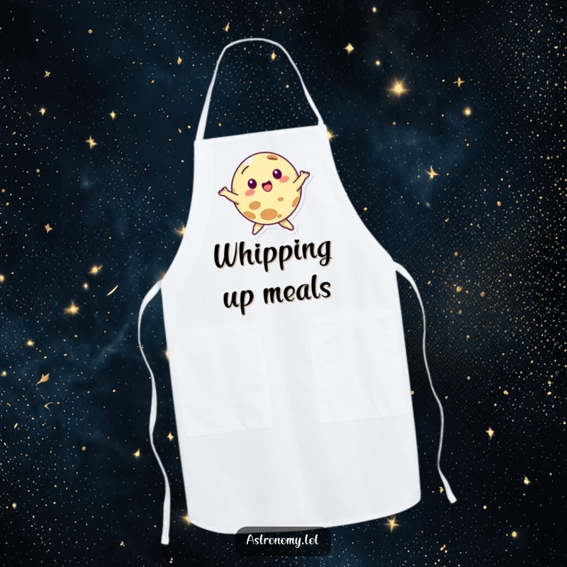 Funny apron illustrating a planet character in a full dance spin, ready to protect your clothes with cosmic style and humor.