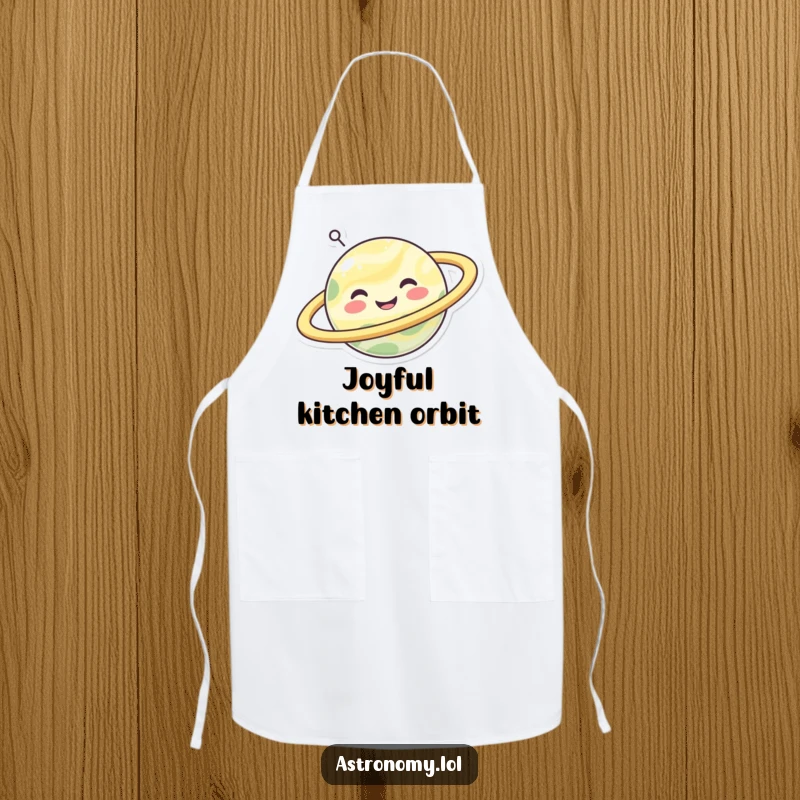 Funny happy planet with spinning rings, a humorous apron for kitchen duties.