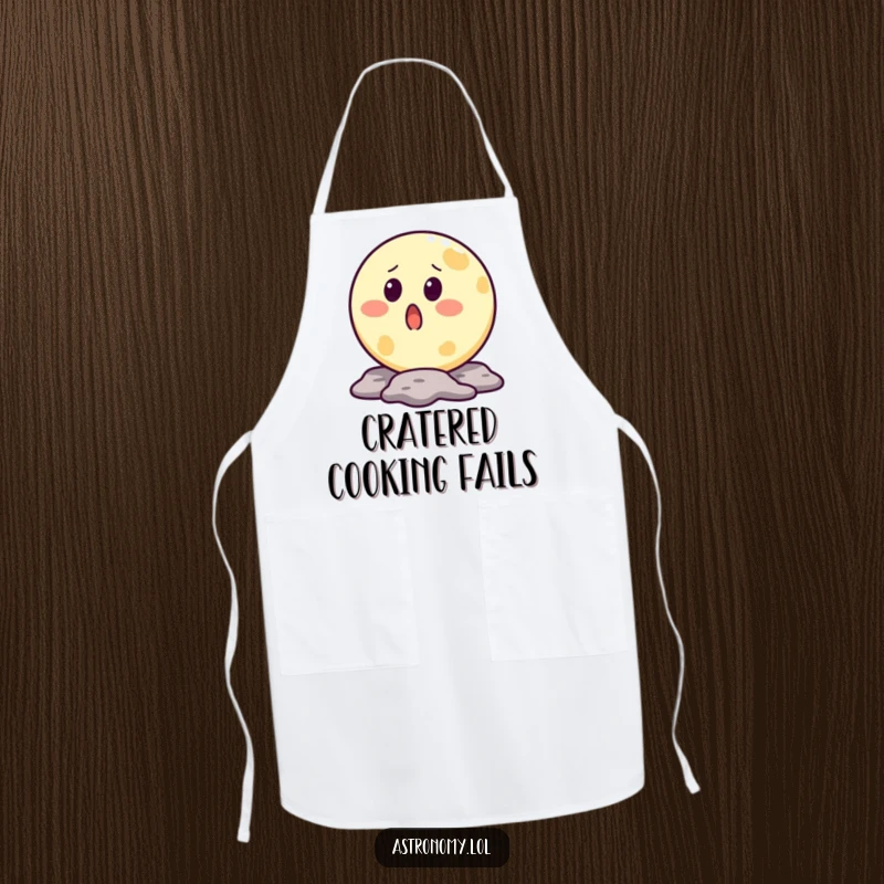 Funny moon apron featuring a surprised character with a crater mouth, ideal for adding cosmic humor to cooking.