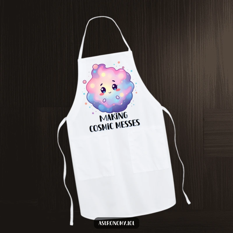 Funny apron depicting a curious nebula character with swirling cosmic dust, protecting you while you cook with cosmic flair. Hilarious gift.