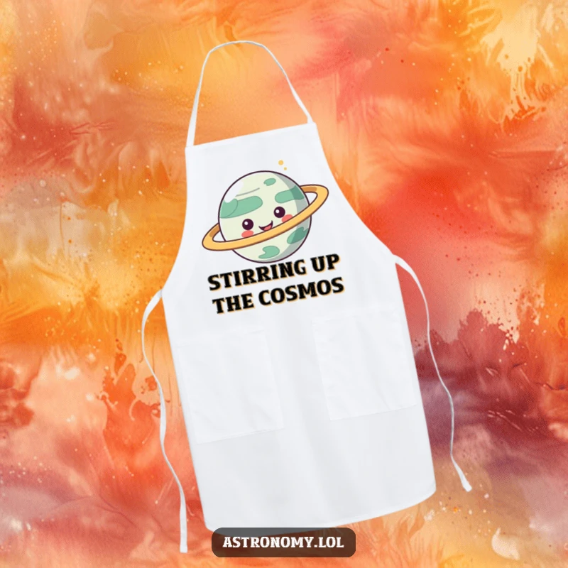 Funny apron featuring a playful planet character with spinning rings, designed for cosmic culinary fun and humor.