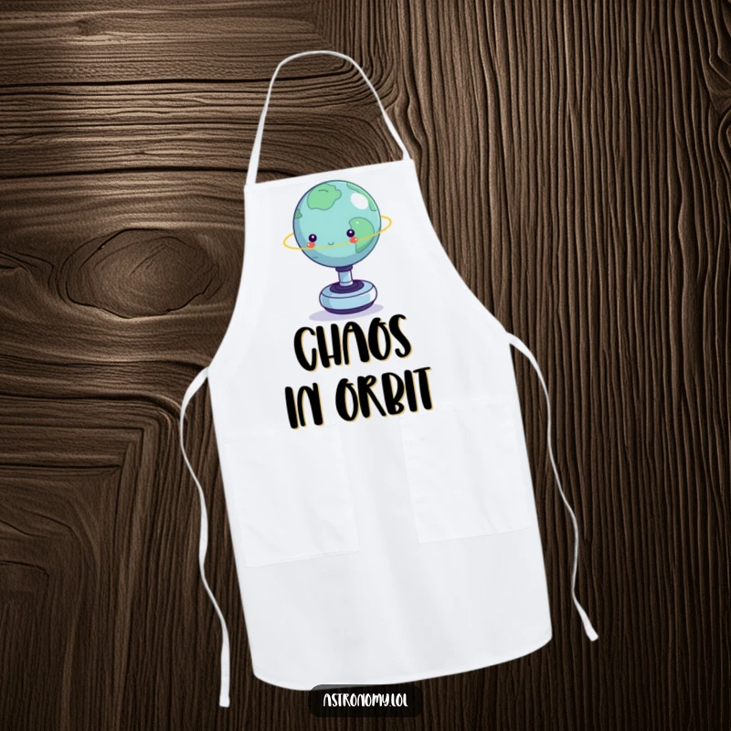 Funny apron: A tiny planet balancing on a spinning fidget toy, a humorous kitchen accessory for aspiring chefs.