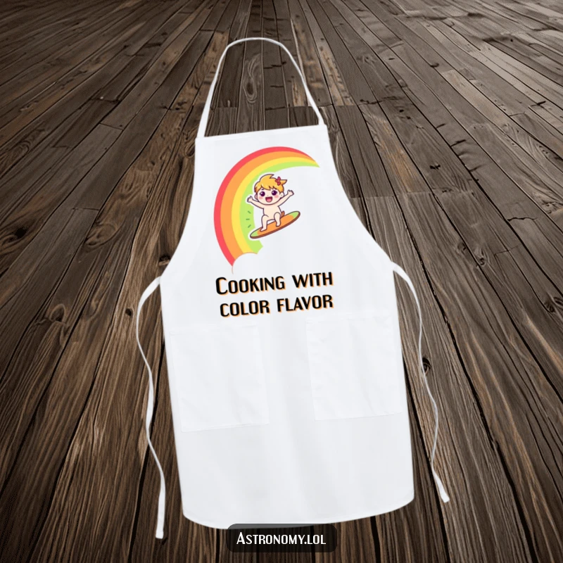 Funny apron showing a happy character joyfully surfing a rainbow across the sky, great for a colorful and fun cooking experience.