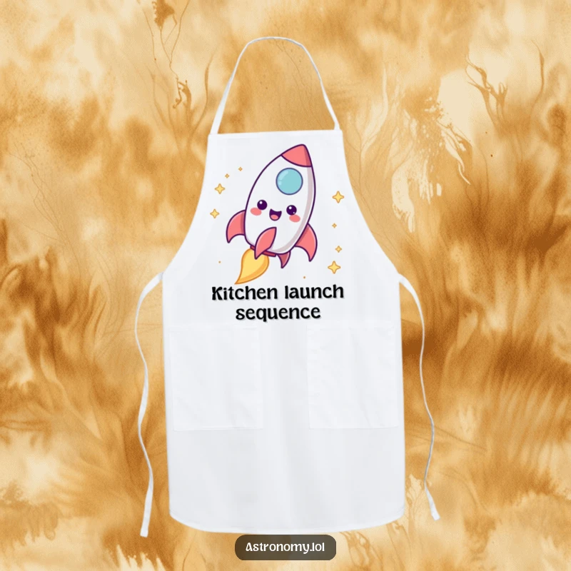 Funny rocket ship apron featuring a happy character blasting off with a cheerful trail, ideal for kitchen adventures.
