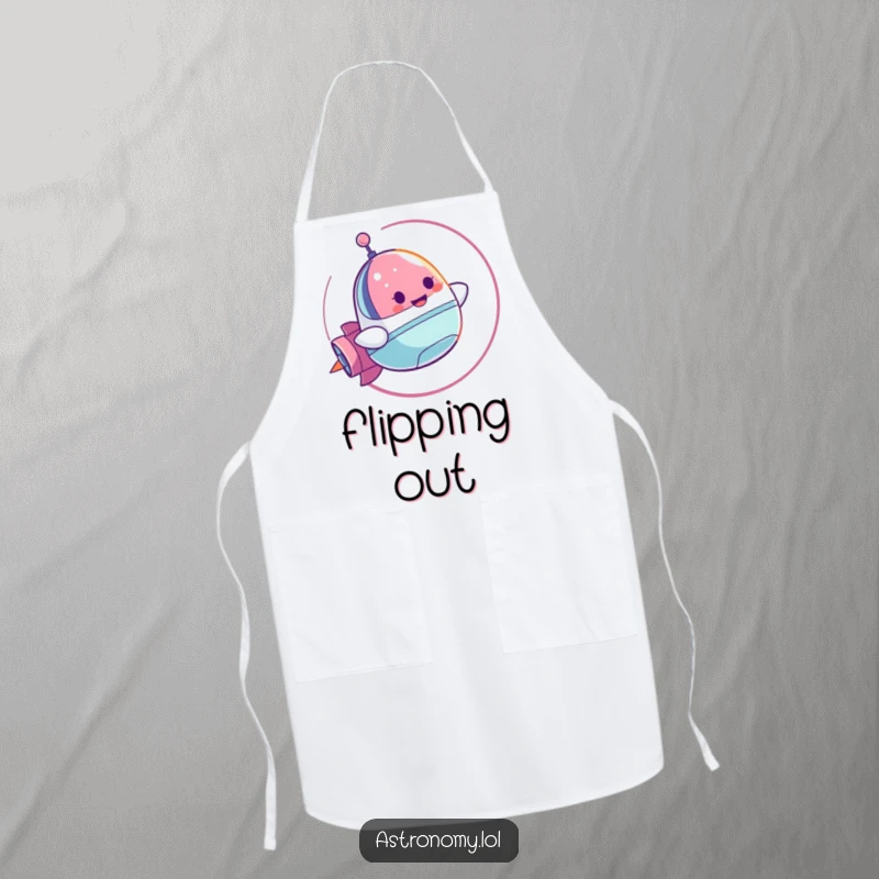 Funny Apron: A Cheerful Spaceship Character Performing a Loop-de-Loop while Cooking, adding humor to the kitchen. A fun gift.