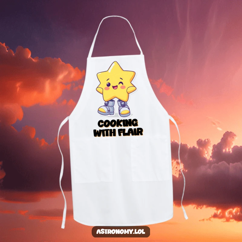 Funny star apron depicting a cheerful character wearing oversized, wonky gravity boots, adding humor to kitchen activities.