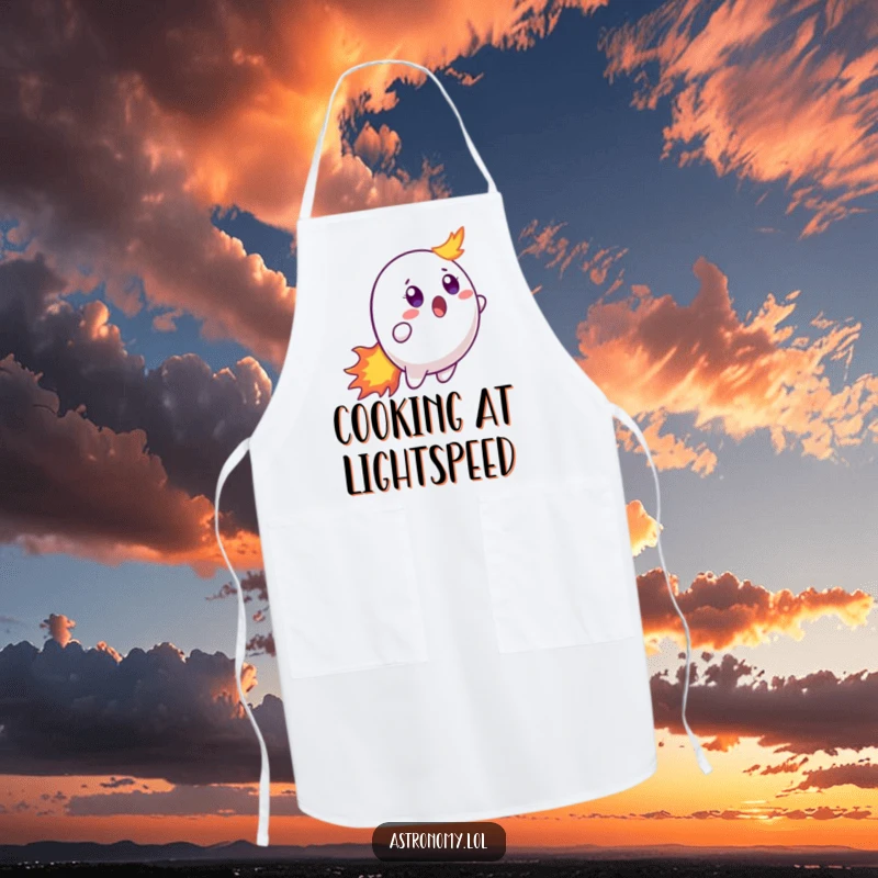 Funny apron illustrating a surprised comet character, its tail a fiery blur, perfect for keeping clean while cooking with a smile.