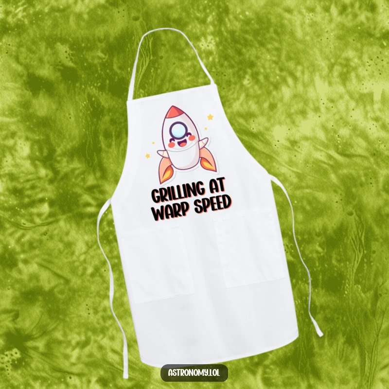 Funny Apron depicting a playful rocket character smiling and blasting off, bringing excitement and humor to cooking tasks.