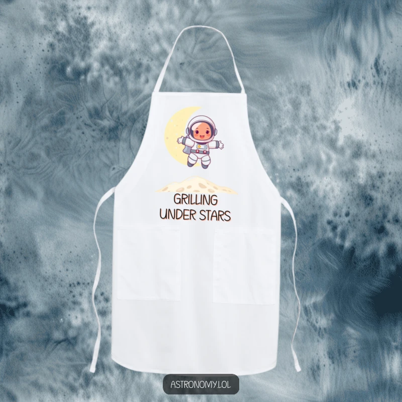 Funny apron with a graphic of a happy astronaut bouncing on the moon, perfect for kitchen adventures with a space theme.