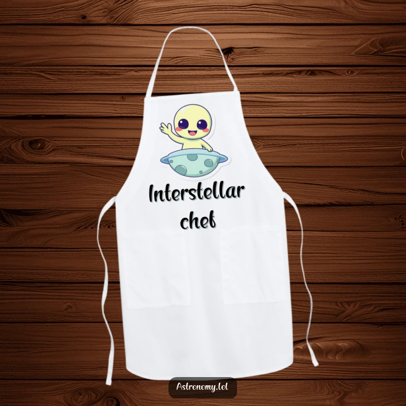 Funny Apron: A cheerful alien waves hello from a planet, adding humor to cooking tasks.
