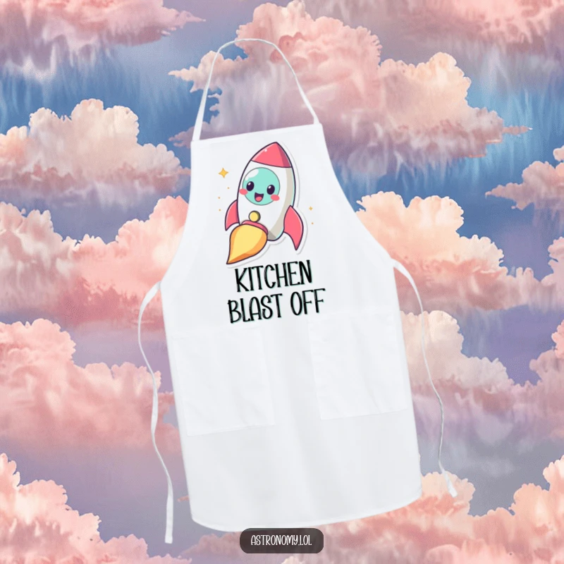 Funny cheerful rocketship character blasting off with a smile, a humorous apron for kitchen duties.