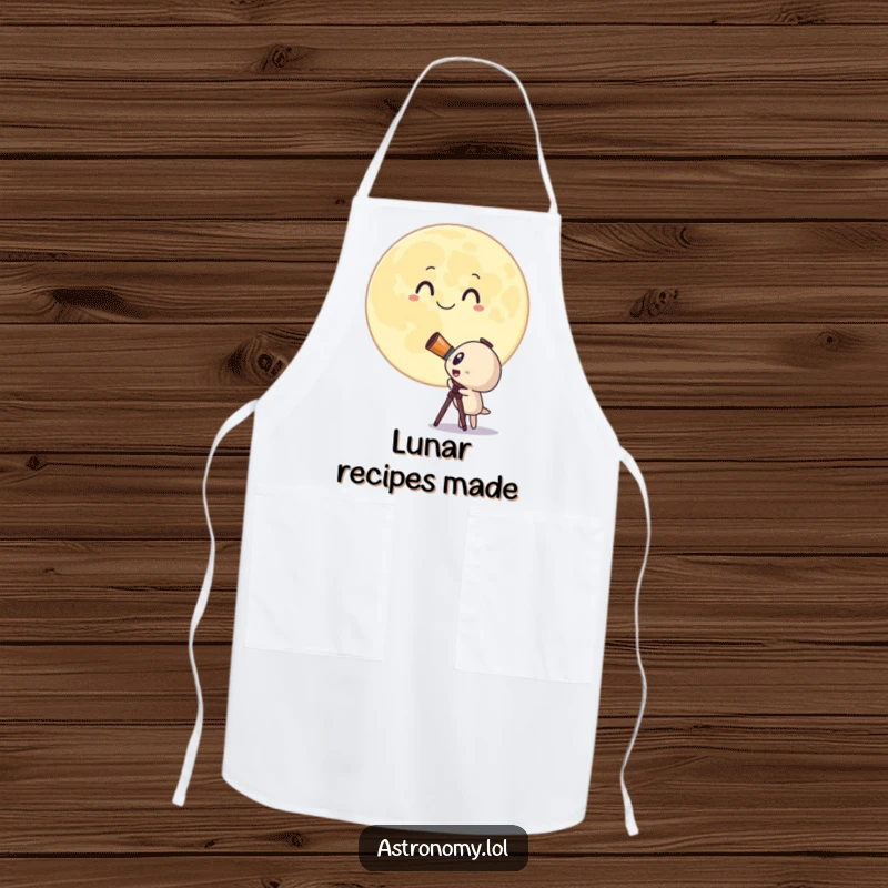 Funny apron depicting a surprised telescope character looking at a giant, smiling moon, perfect for kitchen explorations. Hilarious gift.