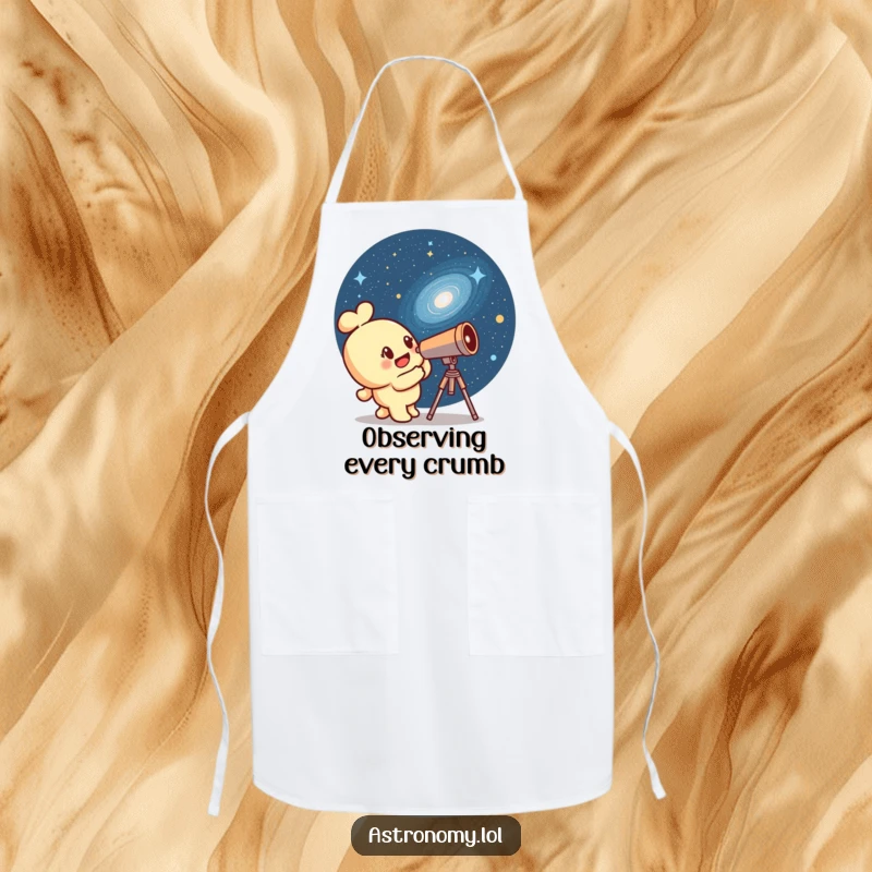 Funny telescope character peering into a winking galaxy, on a practical apron, ideal for culinary explorers.