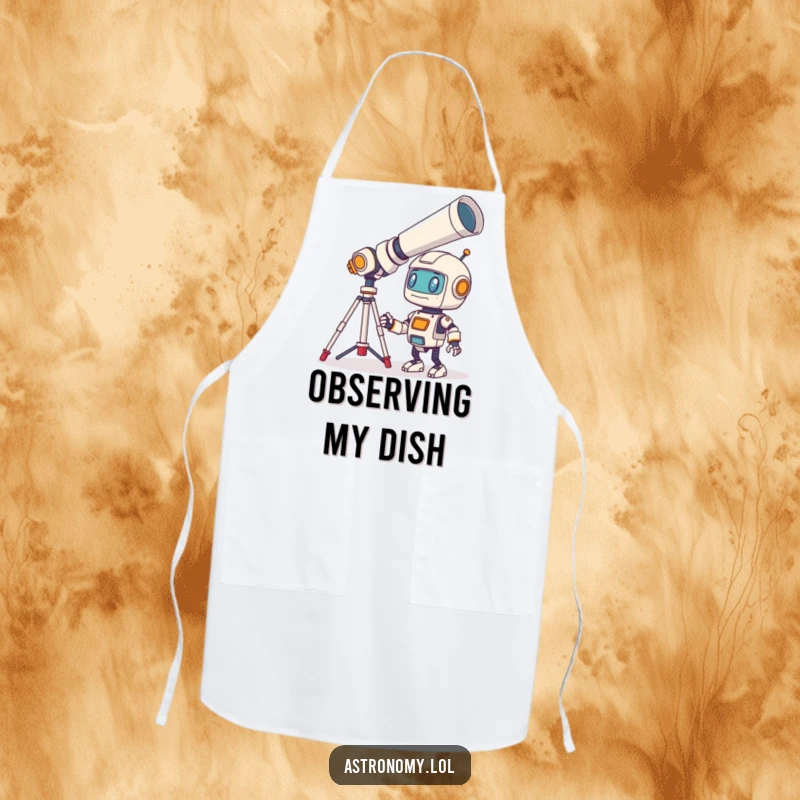 Funny Robot Apron featuring a bewildered little character looking through a giant telescope, perfect for chefs who love sci-fi humor.