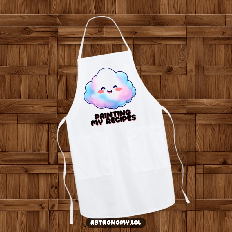 Smiling nebula cloud character expanding with happy, vibrant colors on a kitchen apron, a cheerful cooking accessory.