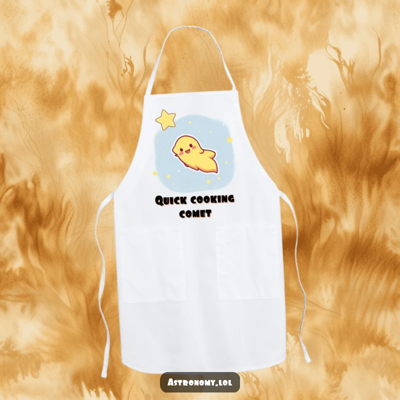 Funny apron featuring a happy comet streaking across a starry sky, designed for speedy culinary fun and humor.