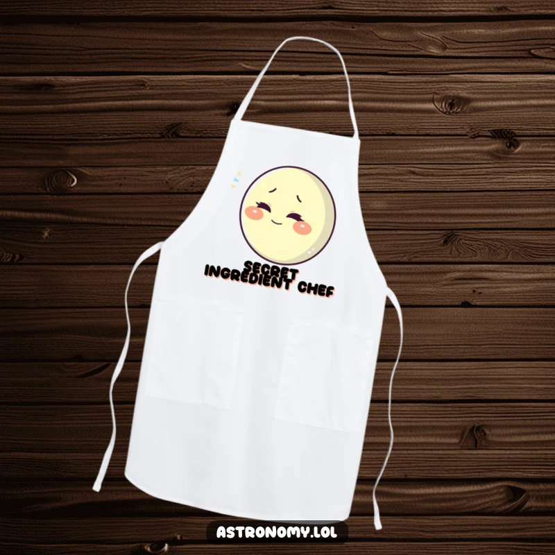 Funny playful moon character winking slyly, a humorous apron for kitchen duties.