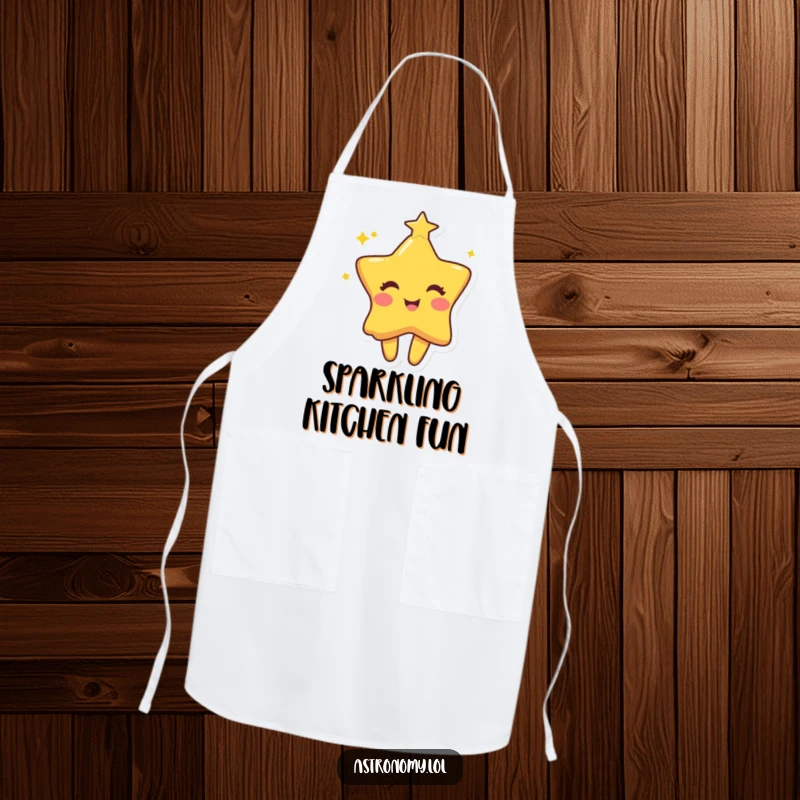 Funny star apron featuring a playful character twinkling with mischievous joy, ideal for adding sparkle to the kitchen.