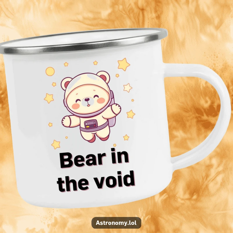 Funny astronaut bear cub giggling in a spacesuit, floating among stars, a durable and humorous camping mug for adventures.