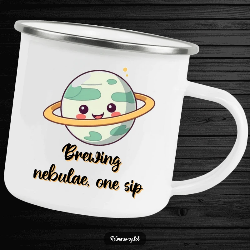Funny camping mug featuring a playful planet character with spinning rings, bringing cosmic humor to outdoor settings.