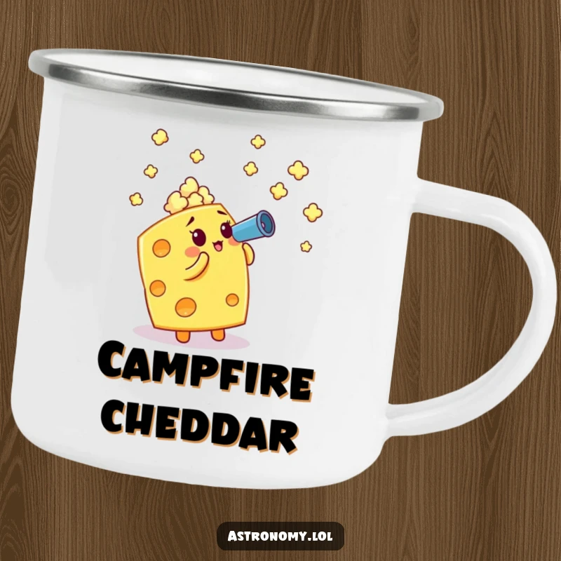 Funny camping mug: A cheese cube using a telescope to view popcorn stars, a humorous outdoor companion.