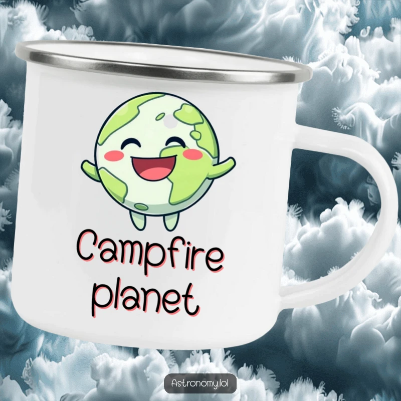 Funny camping mug featuring a happy planet character bouncing with a grin, ideal for outdoor use and adding cheer.