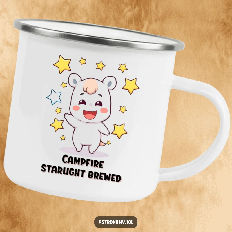 Funny Camping Mug: A character with a wide grin juggles shining stars, ideal for outdoor enthusiasts seeking cosmic fun.