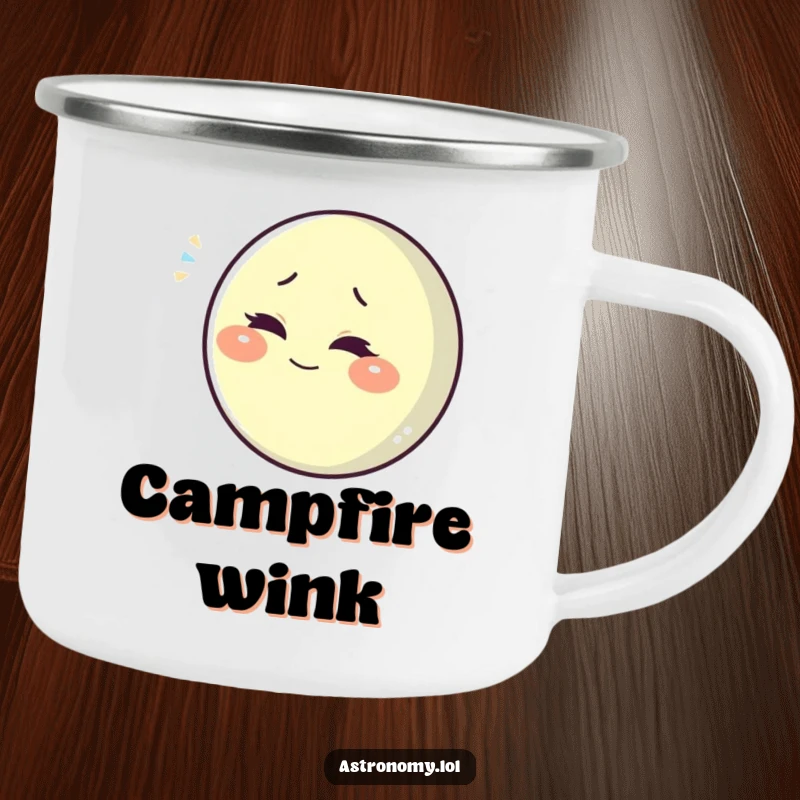Funny playful moon character winking slyly, a durable humorous camping mug for outdoor enthusiasts.