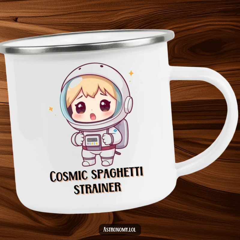 Funny astronaut camping mug featuring a surprised spaceman with a colander helmet, a durable and humorous companion for outdoor trips.