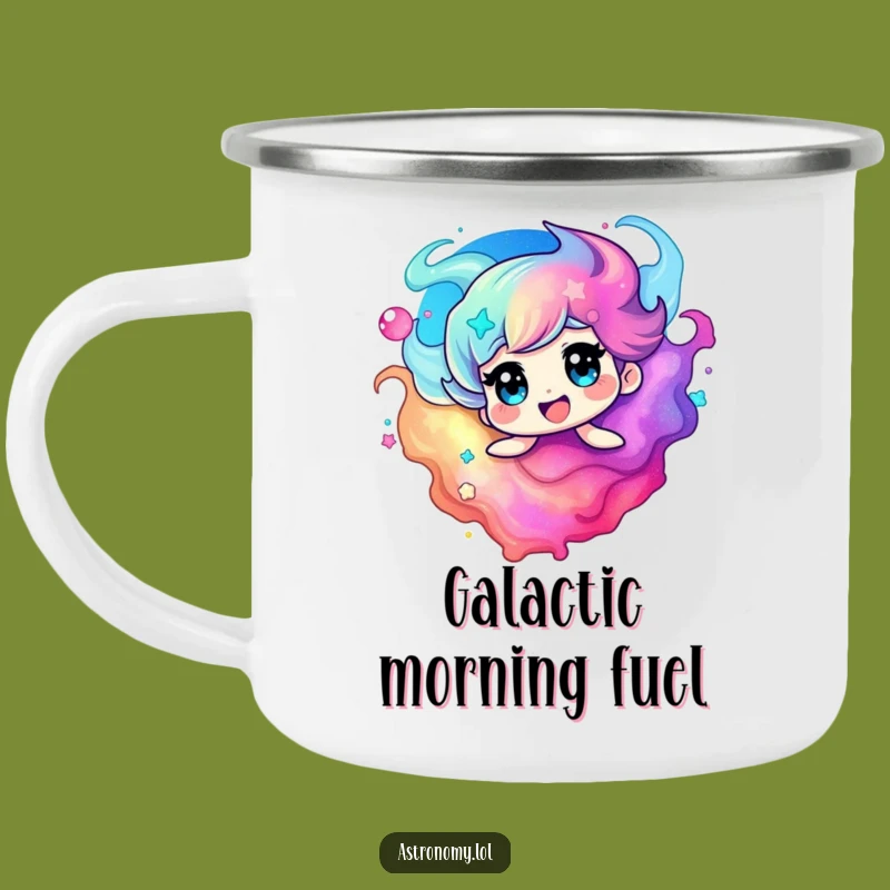 Durable Funny Nebula Camping Mug, Vibrant Colors, Swirling Character Adventure Cup