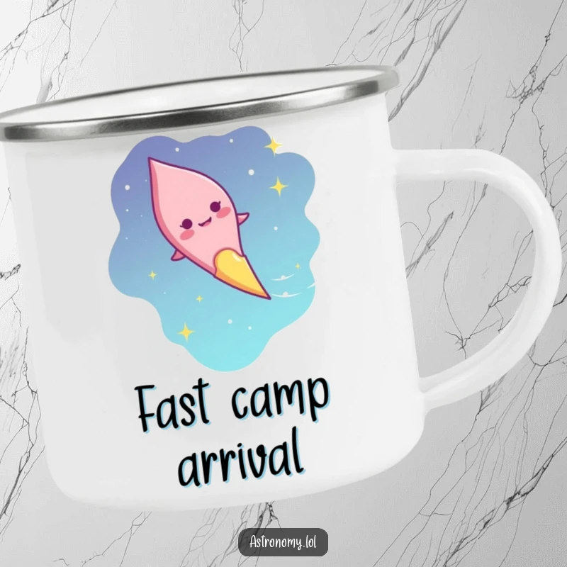 Funny comet streaker camping mug with giggling character smiling and streaking, a durable and humorous gift.