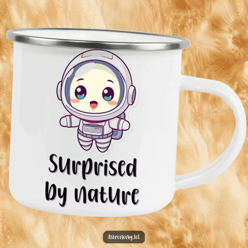 Funny enamel camping mug featuring a surprised astronaut floating with wide eyes, perfect for rugged adventures and thoughtful sipping.