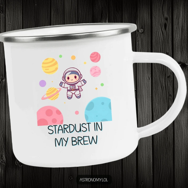 Funny astronaut camping mug featuring a cute character happily floating among colorful planets, perfect for outdoor beverages.