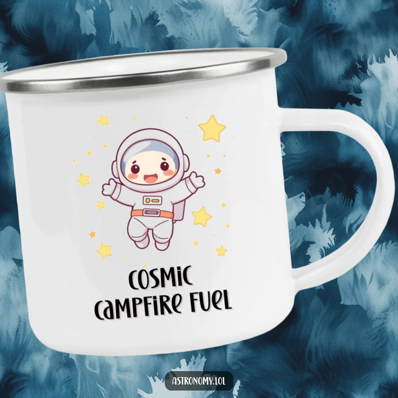 Funny astronaut camping mug featuring a cute character joyfully floating among stars, perfect for outdoor use and a humorous gift.