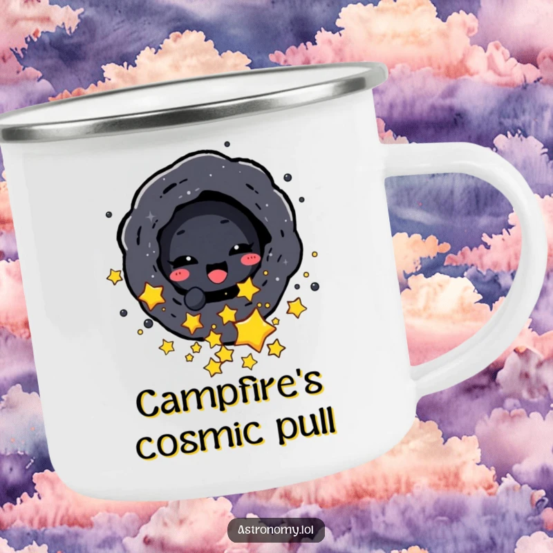Funny camping mug showing a black hole character playfully absorbing stars, ready for cosmic adventures and campfire tales.