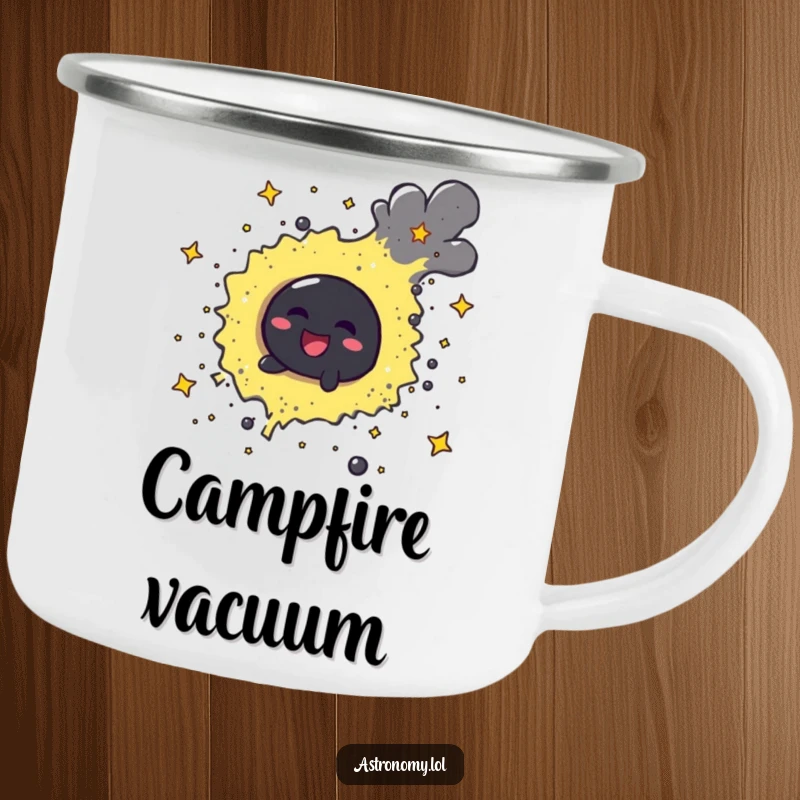Funny cheerful black hole character playfully swirling stardust on a durable camping mug, for the cosmic explorer.