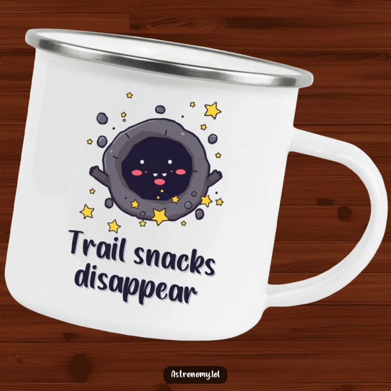 Funny camping mug featuring a mischievous black hole character playfully pulling in stars, perfect for outdoor drinks. Gift idea.
