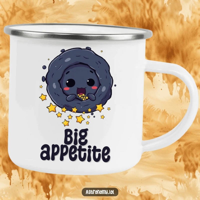 Funny Camping Mug: A Mischievous Black Hole Character Sucking in Stars, perfect for adventurous outdoor fun. A great funny gift.