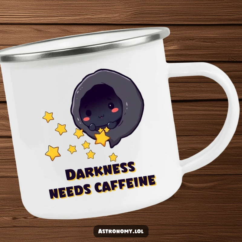 Funny black hole character playfully sucking in tiny stars on a sturdy camping mug, ideal for outdoor humor.