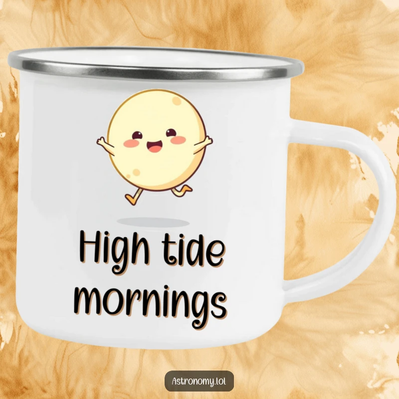 Bouncing moon character joyfully skipping across the sky on a sturdy camping mug, perfect for cheerful outdoor fun.